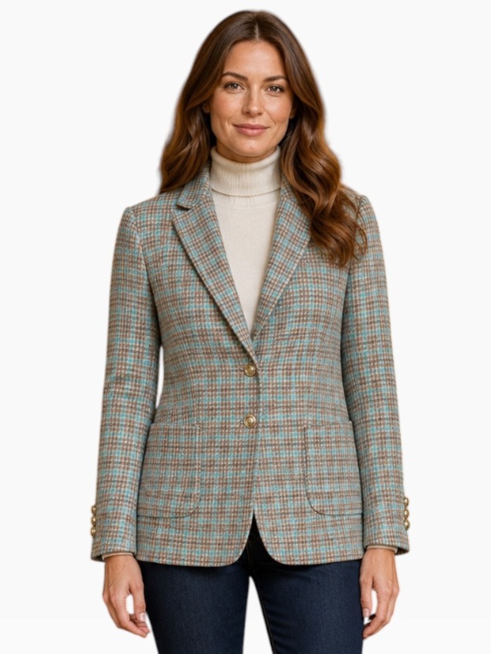 Talbots Plaid Wool Blend Blazer Turquoise & Brown Women’s Size 10 Gold Buttons